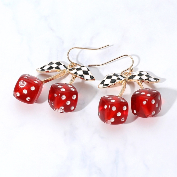 Retro Burgundy Checkered Dice Leaf Stem Cherry Dangle Earrings Enamel Cherries - Picture 1 of 3